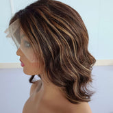 Ombre Brown Short Bob Mixed Highlight Wavy Real Glueless Human hair Lace Front Wig - Everyday Wigs